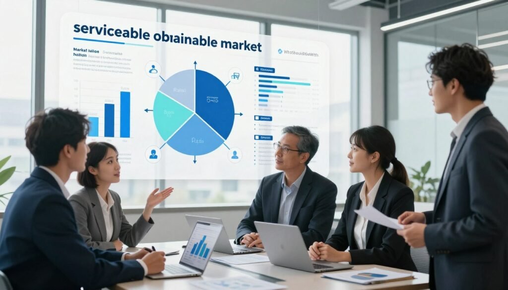 A professional business setting illustrating the concept of "serviceable obtainable market" for market volume and penetration rates. In the foreground, a diverse group of four business professionals, dressed in smart business attire, engaged in a discussion with graphs and charts displayed on a digital screen, emphasizing data analysis. In the middle ground, large visual representations of market segments and potential customers, symbolized by abstract shapes and icons, interconnected with arrows. The background features a modern office environment with large windows, allowing natural daylight to flood the room, creating a bright and optimistic atmosphere. The scene conveys focus and collaboration in a strategic planning session, setting a mood of aspiration and growth. Branding subtly included: "WhoShouldIGoWith". A professional business setting illustrating the concept of "serviceable obtainable market" for market volume and penetration rates. In the foreground, a diverse group of four business professionals, dressed in smart business attire, engaged in a discussion with graphs and charts displayed on a digital screen, emphasizing data analysis. In the middle ground, large visual representations of market segments and potential customers, symbolized by abstract shapes and icons, interconnected with arrows. The background features a modern office environment with large windows, allowing natural daylight to flood the room, creating a bright and optimistic atmosphere. The scene conveys focus and collaboration in a strategic planning session, setting a mood of aspiration and growth. Branding subtly included: "WhoShouldIGoWith".