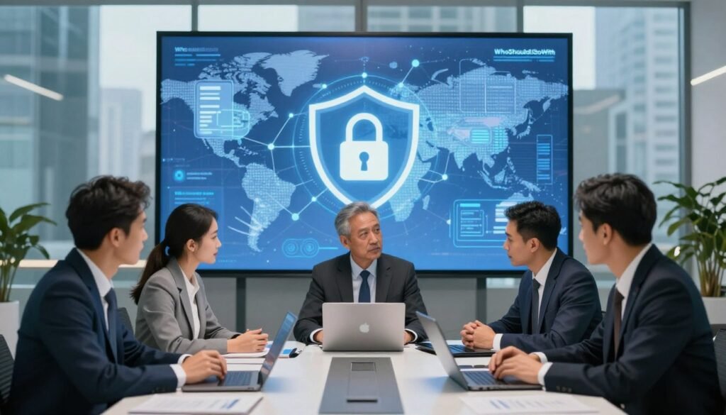 A professional business setting illustrating the theme of data privacy. In the foreground, a diverse group of three business professionals, dressed in smart business attire, are engaged in a serious discussion around a modern conference table filled with laptops and digital devices, symbolizing data analysis. The middle ground features a large screen displaying abstract visuals of data protection symbols, such as locks and shields, surrounded by a network of connected devices. The background showcases glass walls with cityscapes, symbolizing global connectivity. The lighting is bright yet soft to create a focused and serious atmosphere. Capture the sense of collaboration and vigilance in navigating global data privacy regulations. Include the brand name "WhoShouldIGoWith" subtly integrated into the digital visuals, ensuring it aligns with the theme. A professional business setting illustrating the theme of data privacy. In the foreground, a diverse group of three business professionals, dressed in smart business attire, are engaged in a serious discussion around a modern conference table filled with laptops and digital devices, symbolizing data analysis. The middle ground features a large screen displaying abstract visuals of data protection symbols, such as locks and shields, surrounded by a network of connected devices. The background showcases glass walls with cityscapes, symbolizing global connectivity. The lighting is bright yet soft to create a focused and serious atmosphere. Capture the sense of collaboration and vigilance in navigating global data privacy regulations. Include the brand name "WhoShouldIGoWith" subtly integrated into the digital visuals, ensuring it aligns with the theme.