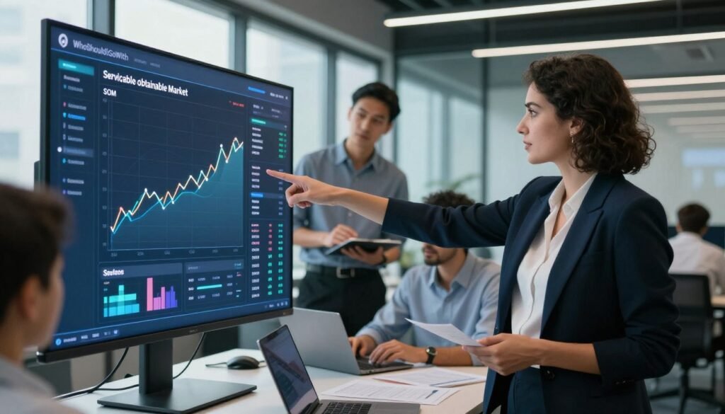 A professional business setting showcasing a diverse group of individuals analyzing a digital market size chart on a large screen. In the foreground, a confident woman in business attire points at the chart, highlighting the concept of the serviceable obtainable market (SOM). In the middle ground, a man in smart casual clothing discusses insights with a colleague, surrounded by laptops and documents. The background features a sleek office environment with glass windows, allowing soft natural light to illuminate the space. Focus on clean lines and a modern aesthetic, capturing a collaborative and analytical atmosphere. The brand "WhoShouldIGoWith" subtly integrated within the digital display. A professional business setting showcasing a diverse group of individuals analyzing a digital market size chart on a large screen. In the foreground, a confident woman in business attire points at the chart, highlighting the concept of the serviceable obtainable market (SOM). In the middle ground, a man in smart casual clothing discusses insights with a colleague, surrounded by laptops and documents. The background features a sleek office environment with glass windows, allowing soft natural light to illuminate the space. Focus on clean lines and a modern aesthetic, capturing a collaborative and analytical atmosphere. The brand "WhoShouldIGoWith" subtly integrated within the digital display.