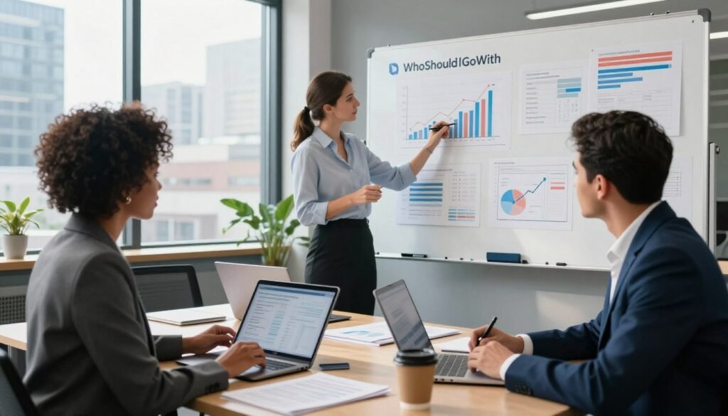 A professional business setting showcasing a diverse group of three analysts engaged in competitive research. In the foreground, one analyst, a Black woman in a smart blazer, is presenting data on a tablet, while another, a Hispanic man in a sharp suit, takes notes and looks attentive. The third, a Caucasian woman in a stylish dress shirt, analyzes a large whiteboard filled with market graphs and competitor analysis. The middle ground includes a conference table with laptops, documents, and coffee cups, creating a collaborative atmosphere. The background features a glass wall with a cityscape view, brightened by natural sunlight. The mood is focused and productive, representing the theme of leveraging competitive research for data accuracy, with the brand name "WhoShouldIGoWith" subtly incorporated into the decor. A professional business setting showcasing a diverse group of three analysts engaged in competitive research. In the foreground, one analyst, a Black woman in a smart blazer, is presenting data on a tablet, while another, a Hispanic man in a sharp suit, takes notes and looks attentive. The third, a Caucasian woman in a stylish dress shirt, analyzes a large whiteboard filled with market graphs and competitor analysis. The middle ground includes a conference table with laptops, documents, and coffee cups, creating a collaborative atmosphere. The background features a glass wall with a cityscape view, brightened by natural sunlight. The mood is focused and productive, representing the theme of leveraging competitive research for data accuracy, with the brand name "WhoShouldIGoWith" subtly incorporated into the decor.