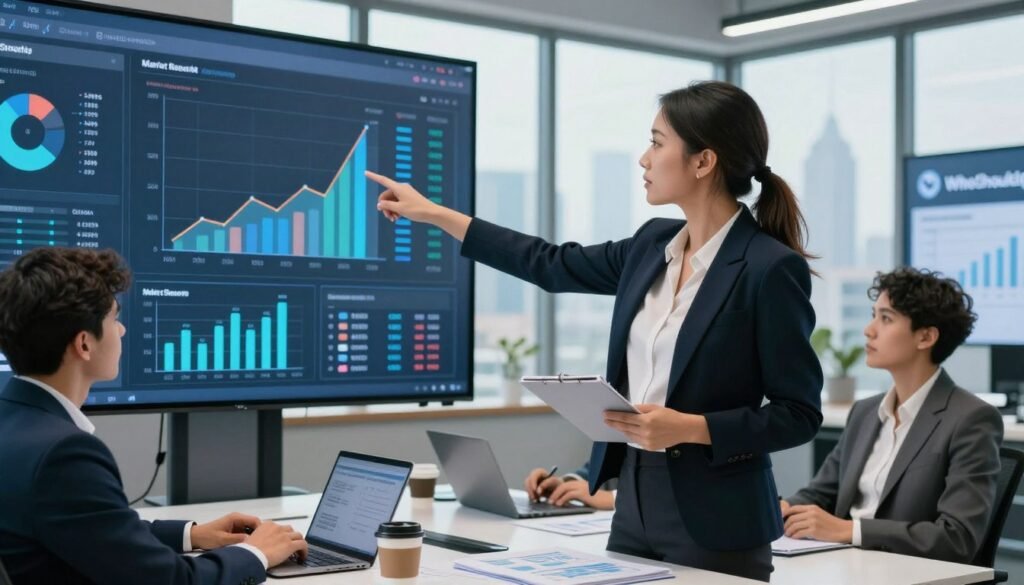 A professional business setting showcasing a diverse team of market researchers reviewing performance metrics on a large digital screen. In the foreground, a confident female analyst in business attire points to a graph, while a focused male colleague takes notes beside her. The middle ground features a modern conference table with laptops, charts, and coffee cups, creating a collaborative atmosphere. In the background, a large window provides natural light, illuminating a city skyline, adding depth to the scene. The lighting is bright and clear, enhancing the professional tone. The overall mood is one of determination and teamwork, symbolizing the pursuit of success in market research. The logo "WhoShouldIGoWith" subtly appears on a digital display in the background.