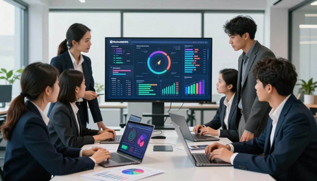 A professional business setting showcasing a diverse team of researchers analyzing customer insights. In the foreground, a group of four individuals, dressed in smart business attire, are gathered around a sleek, modern table filled with laptops, charts, and colorful graphs. The middle section features a large interactive screen displaying customer data visualizations, with colorful infographics and highlighted key metrics. In the background, a contemporary office space with large windows allows natural light to flood in, creating a bright and airy atmosphere. The mood is focused and collaborative, emphasizing teamwork and critical analysis. Incorporate elements like a potted plant to add warmth, and ensure the logo "WhoShouldIGoWith" is subtly integrated into the design, perhaps on one of the laptops.