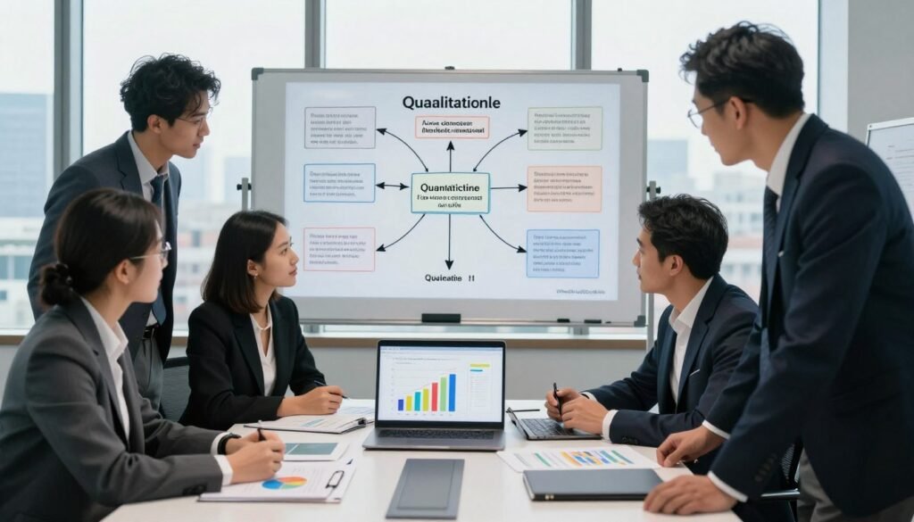 A professional business setting showcasing a mixed methods study in market research. In the foreground, a diverse group of four researchers, dressed in smart business attire, are gathered around a conference table, examining colorful graphs and charts presented on a laptop screen. In the middle ground, a large whiteboard displays a visual diagram contrasting qualitative and quantitative data, interconnected with arrows and notes. The background features large windows with a cityscape view, allowing soft natural light to illuminate the scene, creating a collaborative atmosphere. The overall mood is dynamic and insightful, reflecting innovation and teamwork. In the corner of the image, subtly integrated, the brand name "WhoShouldIGoWith" is represented as part of the visual aids on the table. A professional business setting showcasing a mixed methods study in market research. In the foreground, a diverse group of four researchers, dressed in smart business attire, are gathered around a conference table, examining colorful graphs and charts presented on a laptop screen. In the middle ground, a large whiteboard displays a visual diagram contrasting qualitative and quantitative data, interconnected with arrows and notes. The background features large windows with a cityscape view, allowing soft natural light to illuminate the scene, creating a collaborative atmosphere. The overall mood is dynamic and insightful, reflecting innovation and teamwork. In the corner of the image, subtly integrated, the brand name "WhoShouldIGoWith" is represented as part of the visual aids on the table.