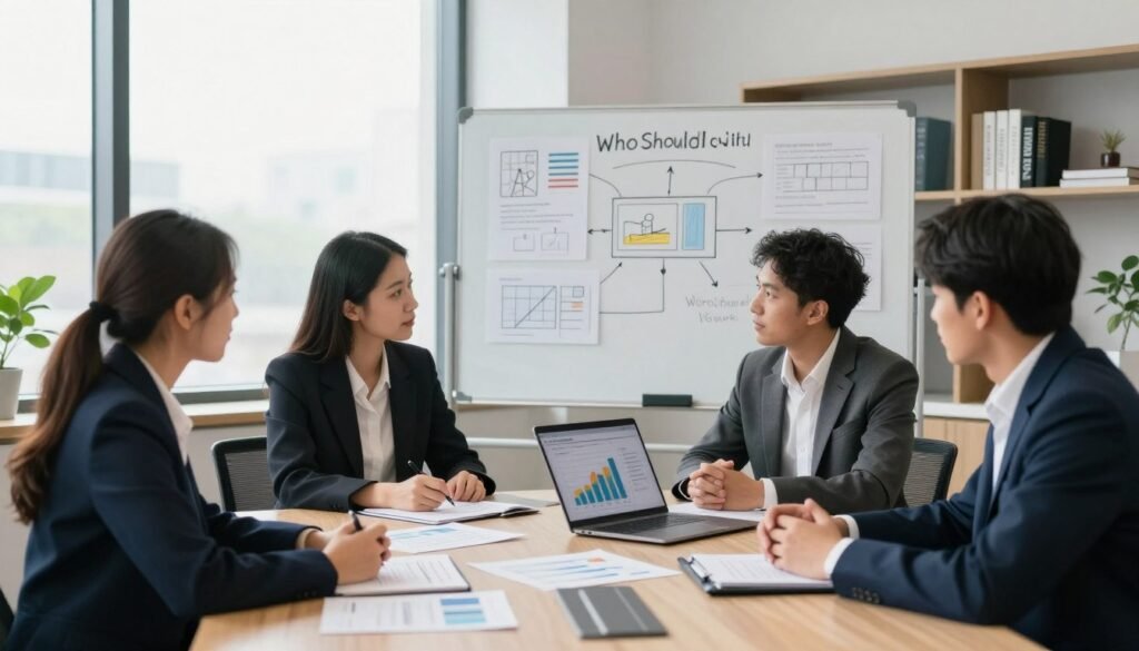 A professional business setting showcasing a team evaluating internal feasibility. In the foreground, a diverse group of three individuals dressed in business attire—two women and one man—are gathered around a large conference table covered with documents and a laptop displaying graphs and charts. The middle ground features a whiteboard with brainstorming ideas and project plans, while a window allows soft natural light to fill the room, creating a bright and inviting atmosphere. The background holds shelves with business books and a plant, adding a touch of professionalism. The mood is focused and collaborative, emphasizing the importance of assessing internal capabilities before moving forward with a business idea. The brand name "WhoShouldIGoWith" is subtly incorporated into the scene through materials on the table, enhancing the connection to decision-making processes. A professional business setting showcasing a team evaluating internal feasibility. In the foreground, a diverse group of three individuals dressed in business attire—two women and one man—are gathered around a large conference table covered with documents and a laptop displaying graphs and charts. The middle ground features a whiteboard with brainstorming ideas and project plans, while a window allows soft natural light to fill the room, creating a bright and inviting atmosphere. The background holds shelves with business books and a plant, adding a touch of professionalism. The mood is focused and collaborative, emphasizing the importance of assessing internal capabilities before moving forward with a business idea. The brand name "WhoShouldIGoWith" is subtly incorporated into the scene through materials on the table, enhancing the connection to decision-making processes.