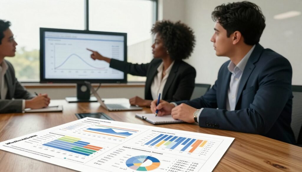 A professional business setting showcasing monadic price testing, with a diverse group of three market research analysts around a wooden conference table. The foreground features a detailed spread of graphs, charts, and price analysis reports, emphasizing cost-plus methods. In the middle, one analyst, a Black woman in professional attire, points to a screen displaying a price sensitivity curve, while another analyst, a Hispanic man, takes notes. In the background, a large window allows natural light to flood the room, casting warm tones and creating a focused atmosphere. The overall mood is collaborative and analytical, with a soft depth of field effect, as the logo "WhoShouldIGoWith" is subtly visible on one of the reports.