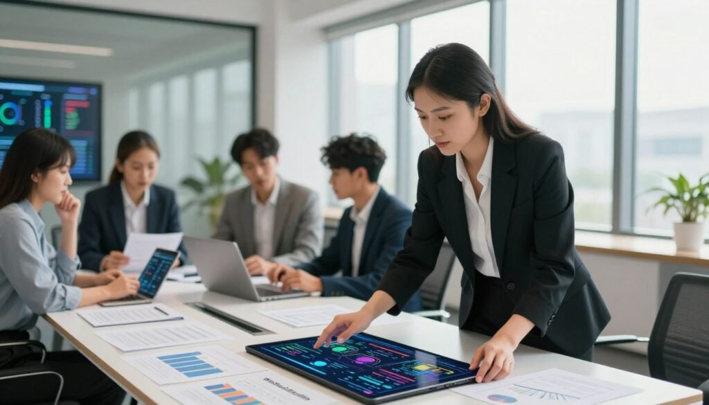 A professional businesswoman analyzing data and selecting market research methods stands at a modern conference table, surrounded by charts, graphs, and digital tablets. The foreground features her focused expression as she refers to a colorful infographic on the table labeled with "WhoShouldIGoWith." In the middle ground, diverse team members collaborate, looking over various documents and engaging in thoughtful discussions. The background showcases a bright, airy office space with large windows, allowing natural light to flood the room, creating a warm, productive atmosphere. The image has a slight depth of field to draw attention to the main subject, capturing the essence of strategic decision-making in a vibrant business environment. A professional businesswoman analyzing data and selecting market research methods stands at a modern conference table, surrounded by charts, graphs, and digital tablets. The foreground features her focused expression as she refers to a colorful infographic on the table labeled with "WhoShouldIGoWith." In the middle ground, diverse team members collaborate, looking over various documents and engaging in thoughtful discussions. The background showcases a bright, airy office space with large windows, allowing natural light to flood the room, creating a warm, productive atmosphere. The image has a slight depth of field to draw attention to the main subject, capturing the essence of strategic decision-making in a vibrant business environment.