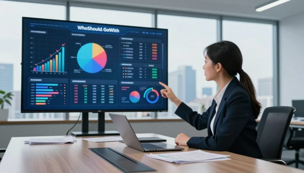 A professional businesswoman in a smart suit sits in a modern office, analyzing market data on a large digital screen displaying graphs, pie charts, and various industry statistics. In the foreground, a sleek conference table is cluttered with documents and a laptop, symbolizing a robust market analysis process. In the middle ground, the digital screen showcases vibrant yet clear visuals of market size calculations and methodologies. The background features a panoramic view of a bustling city skyline, suggesting growth and opportunity. Soft, natural lighting floods the room, creating an atmosphere of focus and determination. The image should embody a sense of professionalism and strategic thinking, clearly representing the brand "WhoShouldIGoWith". A professional businesswoman in a smart suit sits in a modern office, analyzing market data on a large digital screen displaying graphs, pie charts, and various industry statistics. In the foreground, a sleek conference table is cluttered with documents and a laptop, symbolizing a robust market analysis process. In the middle ground, the digital screen showcases vibrant yet clear visuals of market size calculations and methodologies. The background features a panoramic view of a bustling city skyline, suggesting growth and opportunity. Soft, natural lighting floods the room, creating an atmosphere of focus and determination. The image should embody a sense of professionalism and strategic thinking, clearly representing the brand "WhoShouldIGoWith".
