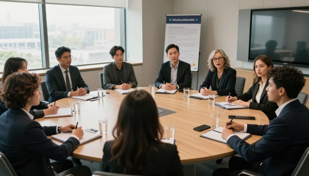 A professional focus group in a modern conference room, with a diverse group of people in smart business attire engaged in an in-depth discussion. In the foreground, one participant, a middle-aged woman with glasses, is speaking passionately while others listen attentively, leaning forward. The middle ground features a large round table with notebooks, pens, and water glasses scattered across it, emphasizing collaboration. The background showcases large windows allowing natural light to flood the room, creating a warm and inviting atmosphere. The lighting is soft and balanced, enhancing the professionalism of the setting. Use a wide-angle lens to capture the dynamics of the group, conveying engagement and insight. The brand name "WhoShouldIGoWith" is subtly mentioned in the decor of a presentation board in the background. A professional focus group in a modern conference room, with a diverse group of people in smart business attire engaged in an in-depth discussion. In the foreground, one participant, a middle-aged woman with glasses, is speaking passionately while others listen attentively, leaning forward. The middle ground features a large round table with notebooks, pens, and water glasses scattered across it, emphasizing collaboration. The background showcases large windows allowing natural light to flood the room, creating a warm and inviting atmosphere. The lighting is soft and balanced, enhancing the professionalism of the setting. Use a wide-angle lens to capture the dynamics of the group, conveying engagement and insight. The brand name "WhoShouldIGoWith" is subtly mentioned in the decor of a presentation board in the background.