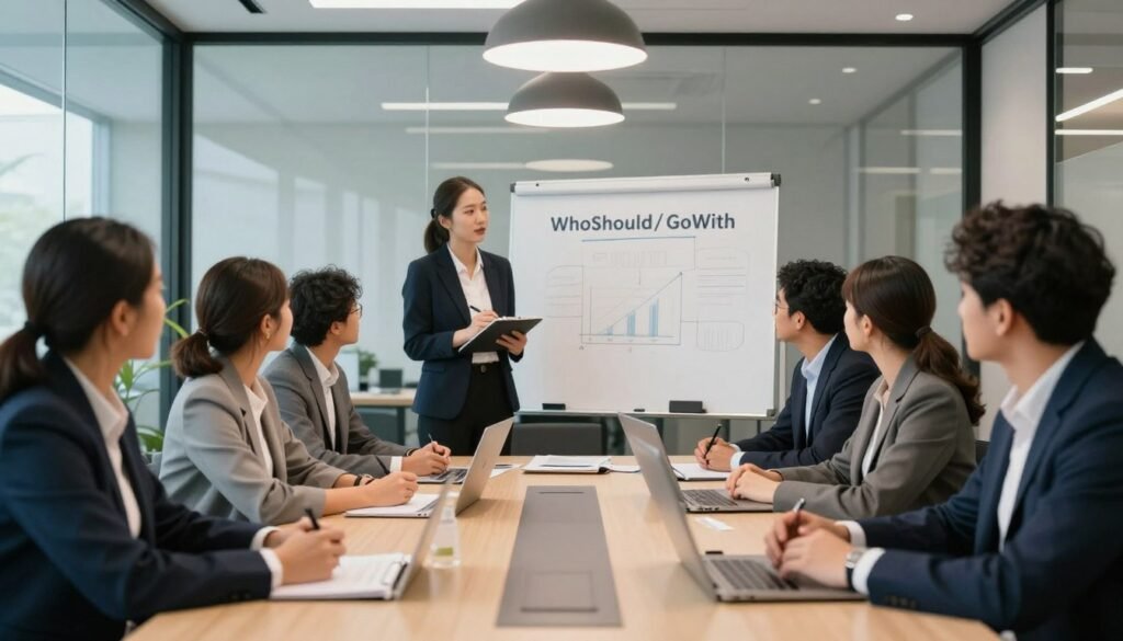 A professional focus group setting featuring a diverse group of participants engaged in discussion. In the foreground, ethnically diverse individuals in business attire are seated around a modern conference table, expressing ideas and reactions. In the middle ground, a facilitator stands by a whiteboard, taking notes and guiding the conversation, fostering a collaborative atmosphere. The background showcases a well-lit conference room with glass walls, providing a transparent and open feel, accented by contemporary decor. Soft, diffused lighting emanates from ceiling fixtures, creating a bright, inviting environment. The overall mood is engaged and professional, emphasizing the importance of collaboration in managing large-scale qualitative research projects for "WhoShouldIGoWith".