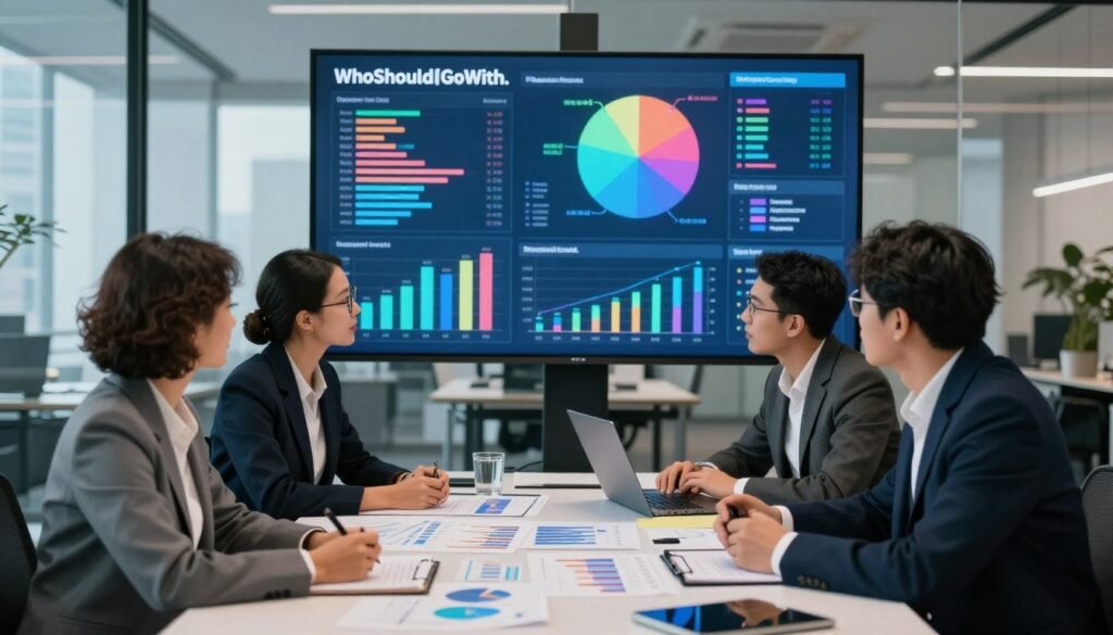 A professional market research environment focused on evaluating media effectiveness. In the foreground, a diverse group of four business professionals, dressed in business attire, are engaged in a brainstorming session around a large table filled with charts and graphs depicting audience reach metrics. The middle ground shows a large digital screen displaying vibrant data visualizations and analytics, highlighting key performance indicators and media effectiveness metrics. The background reveals a modern office space with glass walls and city views, suggesting innovation and connectivity. Soft, natural lighting filters in, creating a productive atmosphere that feels encouraging and collaborative. The scene evokes a sense of professionalism and analytical focus, complementing the brand "WhoShouldIGoWith."