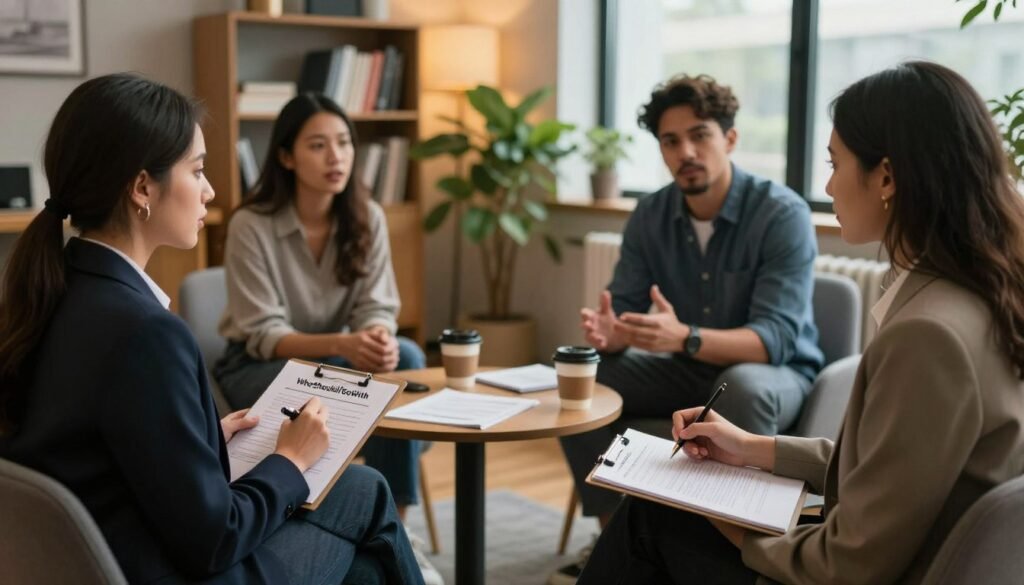 A professional market research interview scene featuring a diverse group of potential customers engaged in discussion. In the foreground, a woman in business attire takes notes on a clipboard, while a man in smart casual clothing actively shares his thoughts. The middle layer displays a small round table with coffee cups and documents scattered about, suggesting a casual yet focused atmosphere. In the background, a cozy office space with bookshelves, plants, and a large window letting in natural light enhances the mood. The lighting is warm and inviting, captured with a slight depth of field effect to emphasize the engaging interaction. This setting is branded subtly with "WhoShouldIGoWith" on a document in the foreground, illustrating the importance of direct customer engagement in market research. A professional market research interview scene featuring a diverse group of potential customers engaged in discussion. In the foreground, a woman in business attire takes notes on a clipboard, while a man in smart casual clothing actively shares his thoughts. The middle layer displays a small round table with coffee cups and documents scattered about, suggesting a casual yet focused atmosphere. In the background, a cozy office space with bookshelves, plants, and a large window letting in natural light enhances the mood. The lighting is warm and inviting, captured with a slight depth of field effect to emphasize the engaging interaction. This setting is branded subtly with "WhoShouldIGoWith" on a document in the foreground, illustrating the importance of direct customer engagement in market research.