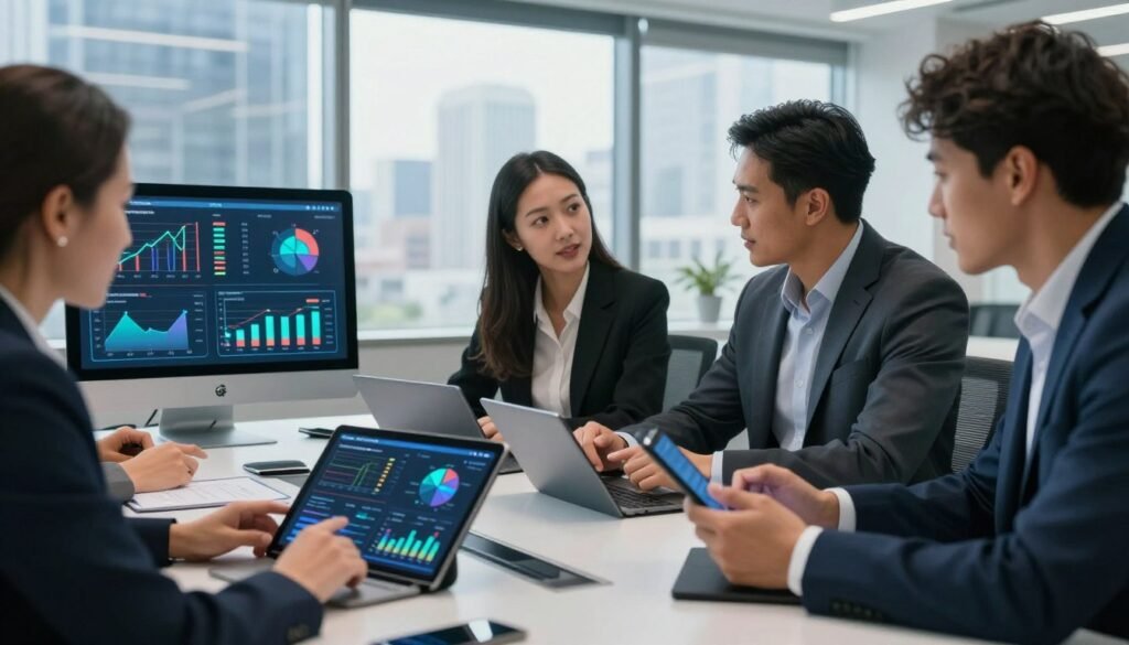 A professional market research meeting in a modern office setting, featuring a diverse group of three business professionals in professional attire, engaged in a collaborative discussion over data analytics displayed on digital tablets. The foreground shows a vibrant mix of charts and graphs on a sleek conference table. In the middle, two of the professionals, a woman and a man, are actively sharing insights, showcasing human connection and cultural fit crucial in partnerships. In the background, large windows let in natural light, highlighting a city skyline, symbolizing the dynamic market landscape. The atmosphere is energetic and focused, reflecting the importance of interpersonal relationships in business. The company brand "WhoShouldIGoWith" is subtly integrated into the design of the digital tablets in a safe and non-prominent way.