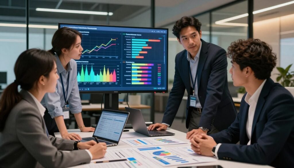 A professional market research setting depicting a diverse group of business analysts engaged in a vibrant brainstorming session. In the foreground, a diverse group of three analysts, two men and one woman, all wearing professional business attire, are gathered around a table covered with charts and graphs representing conjoint analysis data on product features and pricing. In the middle ground, a large digital screen displays colorful, visually engaging graphs illustrating feature trade-offs and consumer preferences. The background features a modern office space with glass walls, bathed in soft, warm lighting that creates an atmosphere of collaboration and innovation. The brand name "WhoShouldIGoWith" is subtly integrated into the design of the charts. The overall mood is focused, insightful, and dynamic, showcasing the essence of market research and strategy.