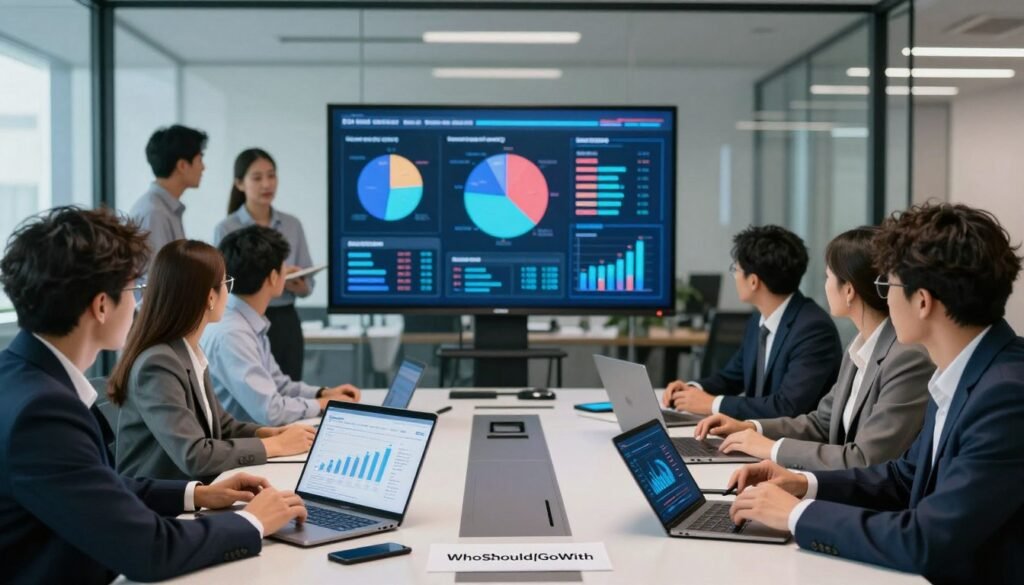 A professional market research setting showcasing the concept of respondent authenticity and data integrity. In the foreground, there is a sleek conference table with diverse professionals in business attire discussing market research charts on laptops and digital tablets. The middle layer features a large screen displaying visual data representations, such as pie charts and graphs that denote data integrity metrics. In the background, a modern office with glass walls shows a bustling team engaged in strategy discussions, under soft, natural lighting that creates a positive and collaborative atmosphere. The overall mood is focused and analytical, reflecting the importance of trustworthy respondent sourcing. Incorporated subtly is a logo for "WhoShouldIGoWith" on the conference table as part of a research report. A professional market research setting showcasing the concept of respondent authenticity and data integrity. In the foreground, there is a sleek conference table with diverse professionals in business attire discussing market research charts on laptops and digital tablets. The middle layer features a large screen displaying visual data representations, such as pie charts and graphs that denote data integrity metrics. In the background, a modern office with glass walls shows a bustling team engaged in strategy discussions, under soft, natural lighting that creates a positive and collaborative atmosphere. The overall mood is focused and analytical, reflecting the importance of trustworthy respondent sourcing. Incorporated subtly is a logo for "WhoShouldIGoWith" on the conference table as part of a research report.