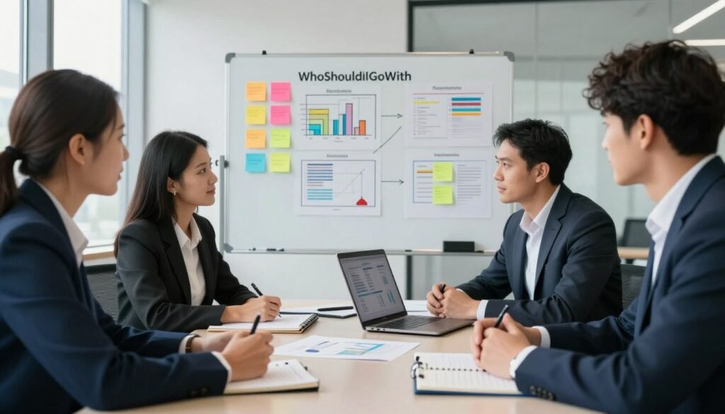 A professional meeting room setting focused on establishing research objectives. In the foreground, a diverse group of three business professionals, a man and two women, are gathered around a sleek table, all wearing professional business attire. They are engaged in a brainstorming session, with papers, notebooks, and a laptop displaying graphs. In the middle background, a large whiteboard is filled with colorful sticky notes and charts, illustrating various research objectives and strategies. Soft, natural lighting filters in through large windows, creating an inviting atmosphere that encourages collaboration. The image captures a sense of purpose and focus, reflecting the seriousness of defining research goals for effective decision-making. The brand name "WhoShouldIGoWith" is subtly incorporated in the scene by placing a branded pen on the table.