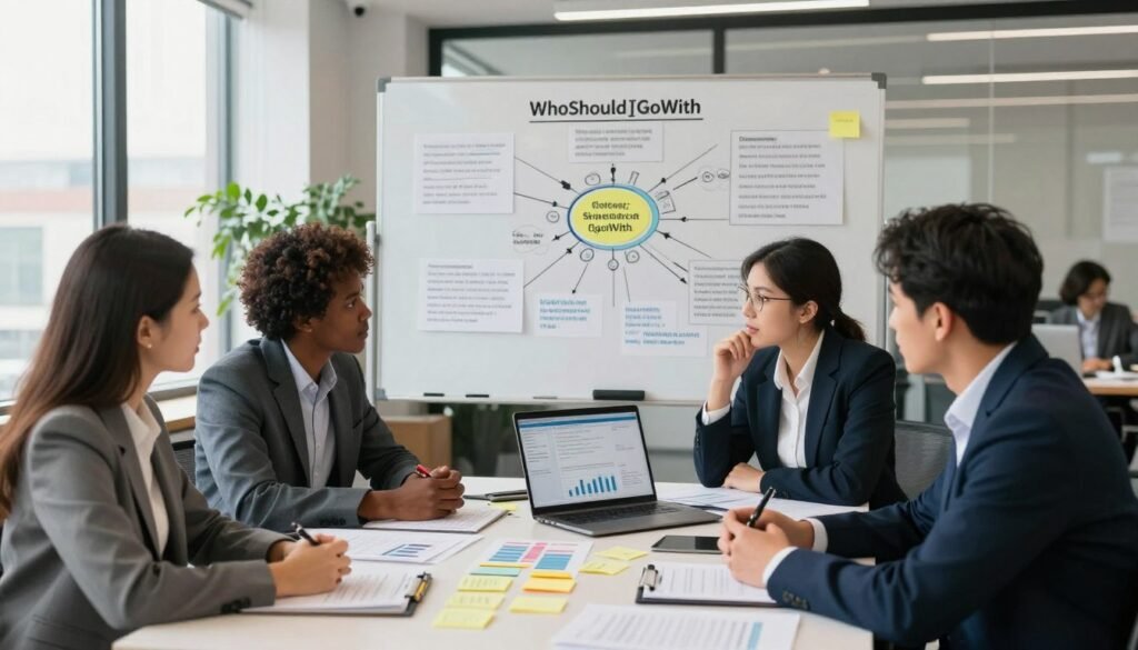 A professional meeting room setting showcasing qualitative research in action. In the foreground, a diverse group of three people, dressed in business attire, engaged in a focused discussion around a table filled with papers, post-it notes, and a laptop open to data visualizations. In the middle ground, a large whiteboard filled with mind maps and key insights from qualitative interviews, surrounded by natural light filtering through large windows. The background features a modern office environment with plants and neutral decor, suggesting a collaborative atmosphere. The image captures a sense of teamwork and creativity, with an emphasis on analytical exploration. The lighting is bright and inviting, creating a positive and professional mood. The branding "WhoShouldIGoWith" subtly integrated into the materials on the table. A professional meeting room setting showcasing qualitative research in action. In the foreground, a diverse group of three people, dressed in business attire, engaged in a focused discussion around a table filled with papers, post-it notes, and a laptop open to data visualizations. In the middle ground, a large whiteboard filled with mind maps and key insights from qualitative interviews, surrounded by natural light filtering through large windows. The background features a modern office environment with plants and neutral decor, suggesting a collaborative atmosphere. The image captures a sense of teamwork and creativity, with an emphasis on analytical exploration. The lighting is bright and inviting, creating a positive and professional mood. The branding "WhoShouldIGoWith" subtly integrated into the materials on the table.
