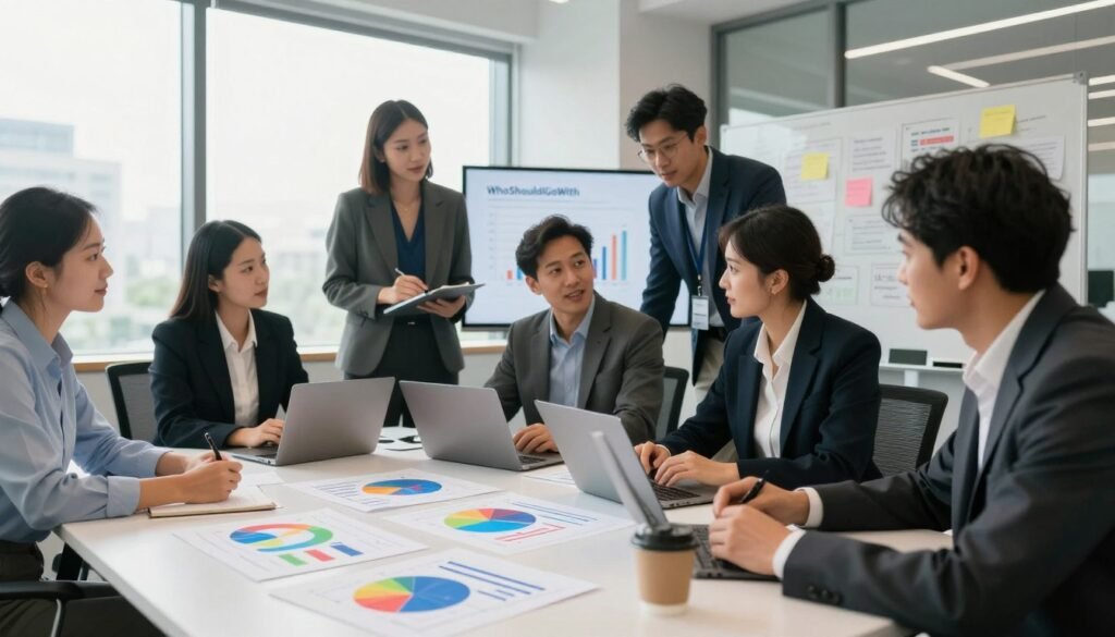 A professional, modern office environment where a diverse group of business professionals, dressed in smart business attire, is engaged in collaborative discussions about survey strategies. In the foreground, a well-organized table displays colorful charts and graphs depicting rising survey response rates, suggesting successful tactics. The middle background features a large window with natural light flooding the space, illuminating a whiteboard filled with brainstorming notes and insights. The atmosphere is positive and dynamic, reflecting teamwork and innovation. Soft, warm lighting emphasizes a sense of professionalism and urgency. The brand name "WhoShouldIGoWith" subtly appears on a presentation screen, adding context without being overpowering. The image should have a clear, bright focus, with a depth of field that blurs the distant office elements slightly, enhancing the central action. A professional, modern office environment where a diverse group of business professionals, dressed in smart business attire, is engaged in collaborative discussions about survey strategies. In the foreground, a well-organized table displays colorful charts and graphs depicting rising survey response rates, suggesting successful tactics. The middle background features a large window with natural light flooding the space, illuminating a whiteboard filled with brainstorming notes and insights. The atmosphere is positive and dynamic, reflecting teamwork and innovation. Soft, warm lighting emphasizes a sense of professionalism and urgency. The brand name "WhoShouldIGoWith" subtly appears on a presentation screen, adding context without being overpowering. The image should have a clear, bright focus, with a depth of field that blurs the distant office elements slightly, enhancing the central action.