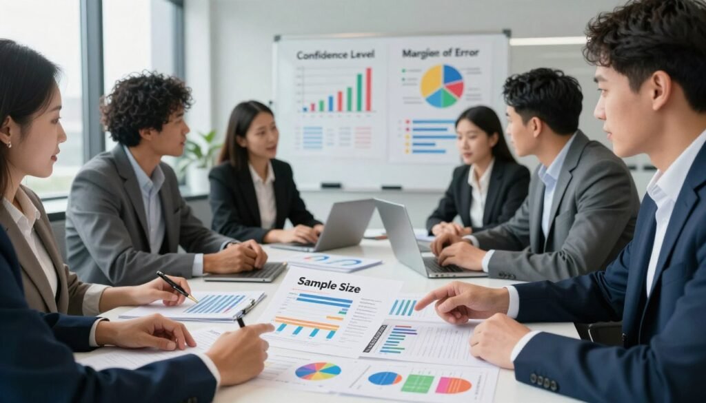 A professional, modern office setting featuring a diverse group of business people, men and women of different ethnicities, in professional attire engaged in a discussion around a large conference table filled with statistical charts and graphs. The foreground captures hands pointing at a document labeled "Sample Size" with colorful data visualizations. In the middle ground, a whiteboard displays key statistical variables like "Confidence Level" and "Margin of Error" illustrated through vibrant infographics. The background includes a large window letting in soft, natural light, creating an atmosphere of collaboration and focus. The overall mood is one of professionalism and analytical thinking, conveying the importance of reliable data in market research. The brand name "WhoShouldIGoWith" is subtly reflected in the charts, reinforcing the theme of decision-making in surveys. A professional, modern office setting featuring a diverse group of business people, men and women of different ethnicities, in professional attire engaged in a discussion around a large conference table filled with statistical charts and graphs. The foreground captures hands pointing at a document labeled "Sample Size" with colorful data visualizations. In the middle ground, a whiteboard displays key statistical variables like "Confidence Level" and "Margin of Error" illustrated through vibrant infographics. The background includes a large window letting in soft, natural light, creating an atmosphere of collaboration and focus. The overall mood is one of professionalism and analytical thinking, conveying the importance of reliable data in market research. The brand name "WhoShouldIGoWith" is subtly reflected in the charts, reinforcing the theme of decision-making in surveys.