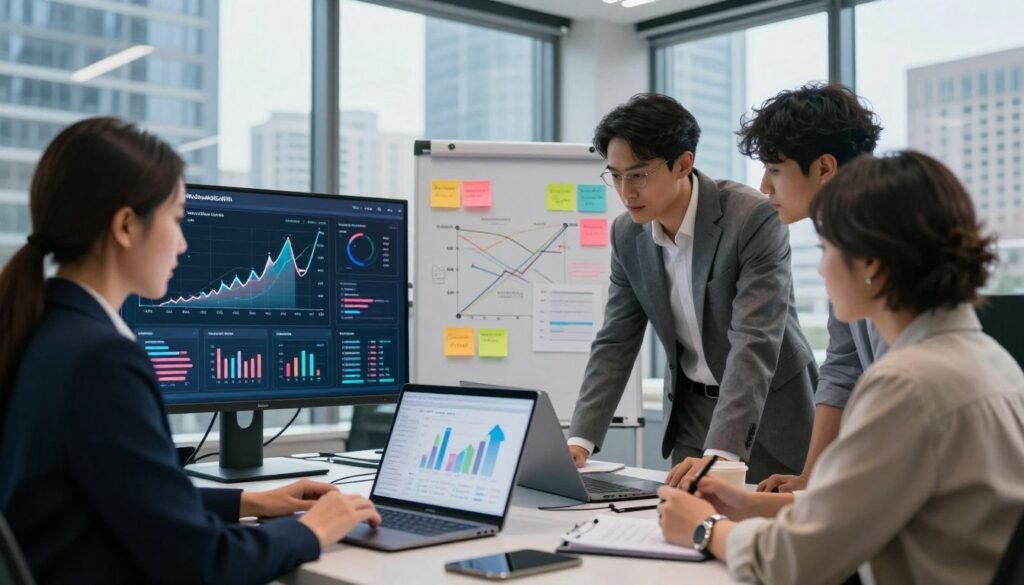 A professional, modern office setting, focusing on a diverse group of people collaborating over data and analytics. In the foreground, a group of three individuals in business attire—a woman in a navy blazer, a man in a grey suit, and a person in smart casual clothing—analyze charts and graphs displayed on a laptop and large screen, showcasing customer insights and sentiment analysis. In the middle, a whiteboard filled with colorful sticky notes and diagrams illustrates various market trends. The background features panoramic windows with a vibrant city skyline, softly illuminated by natural light filtering through. The mood is dynamic and focused, highlighting teamwork and innovation. The brand name "WhoShouldIGoWith" subtly integrated into the design of the screens being used.