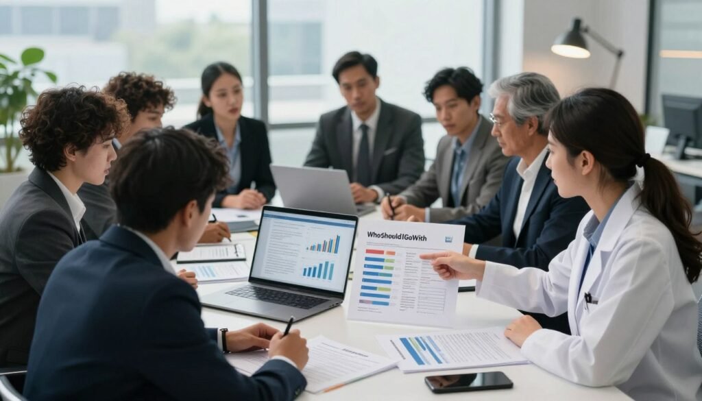 A professional, modern office setting where a diverse group of individuals in business attire engage in a discussion around a large table covered with papers and documents. In the foreground, a female researcher points at a chart illustrating survey results, displaying various biases. The middle layer features a laptop with charts and graphs, highlighting the complexities of survey methodology. In the background, a large window lets in natural light, creating a bright and analytical atmosphere. A subtle light from a desk lamp casts gentle shadows, emphasizing concentration and discussion. The mood is serious yet collaborative, reflecting the importance of understanding survey bias. Incorporate the brand name "WhoShouldIGoWith" subtly into the design elements like paperwork or the computer screen. A professional, modern office setting where a diverse group of individuals in business attire engage in a discussion around a large table covered with papers and documents. In the foreground, a female researcher points at a chart illustrating survey results, displaying various biases. The middle layer features a laptop with charts and graphs, highlighting the complexities of survey methodology. In the background, a large window lets in natural light, creating a bright and analytical atmosphere. A subtle light from a desk lamp casts gentle shadows, emphasizing concentration and discussion. The mood is serious yet collaborative, reflecting the importance of understanding survey bias. Incorporate the brand name "WhoShouldIGoWith" subtly into the design elements like paperwork or the computer screen.