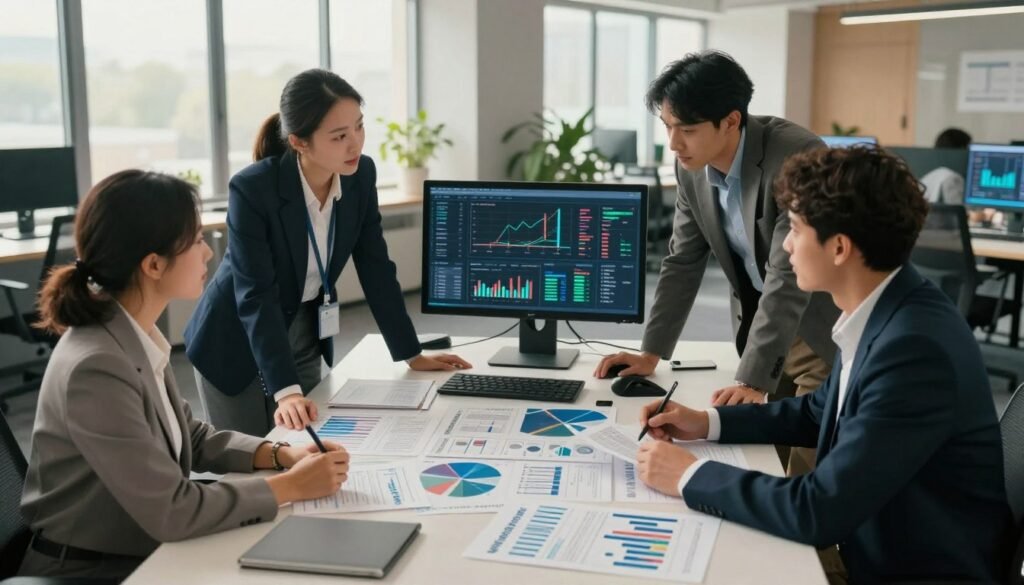 A professional, modern office workspace showcasing a large, open table covered with various reports, graphs, and data visualizations. In the foreground, a diverse group of three individuals—two men and one woman—are attentively discussing the reports, dressed in formal business attire. The middle ground features a computer screen displaying dynamic analytics and charts related to market research, emphasizing the transition from basic data reporting to insightful analysis. In the background, large windows allow natural light to flood the room, creating an inviting atmosphere. The colors are warm and professional, promoting a sense of collaboration and innovation. The environment is sleek and organized, symbolizing efficiency in business decision-making. The brand name "WhoShouldIGoWith" is subtly present in the scene through branded materials.