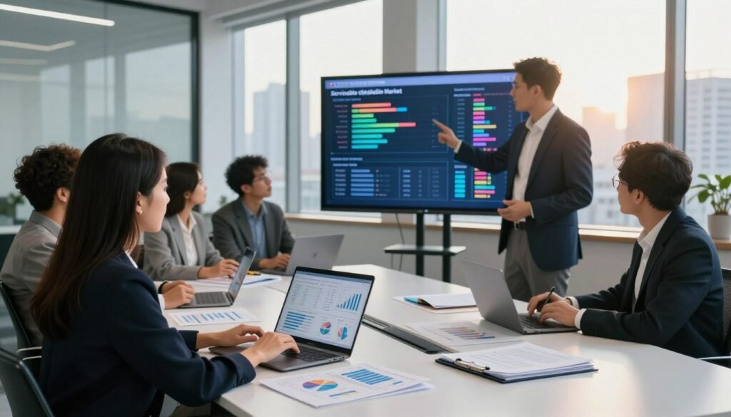 A professional, modern workspace depicting a diverse group of business analysts reviewing transactional data for market growth insights. In the foreground, a woman in smart business attire examines charts and graphs on a laptop, while a man in a suit gestures towards a large digital screen displaying a colorful breakdown of serviceable obtainable market metrics. The middle ground features a sleek conference table scattered with reports and statistical models. The background includes large windows revealing a city skyline bathed in warm, natural sunlight. The atmosphere is focused and collaborative, suggesting strategic planning and forward-thinking. Soft lighting enhances the professional vibe, creating a sense of innovation and growth in the work environment, with the logo "WhoShouldIGoWith" subtly integrated into the digital display, avoiding any text overlays. A professional, modern workspace depicting a diverse group of business analysts reviewing transactional data for market growth insights. In the foreground, a woman in smart business attire examines charts and graphs on a laptop, while a man in a suit gestures towards a large digital screen displaying a colorful breakdown of serviceable obtainable market metrics. The middle ground features a sleek conference table scattered with reports and statistical models. The background includes large windows revealing a city skyline bathed in warm, natural sunlight. The atmosphere is focused and collaborative, suggesting strategic planning and forward-thinking. Soft lighting enhances the professional vibe, creating a sense of innovation and growth in the work environment, with the logo "WhoShouldIGoWith" subtly integrated into the digital display, avoiding any text overlays.
