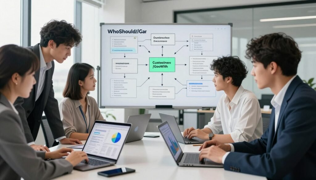 A professional office environment focused on gathering customer data techniques. In the foreground, a diverse group of three individuals—one in a tailored suit, another in a smart blouse, and the third in neat casual attire—gather around a sleek, modern table with laptops and digital tablets open, displaying graphs and charts. The middle ground features a digital whiteboard filled with flowcharts and brainstorming notes, illustrating methods like surveys, interviews, and focus groups. The background showcases a large window with natural light flooding the room, illuminating an atmosphere of collaboration and innovation. The overall mood is professional and dynamic, emphasizing the importance of customer data in decision-making. The brand "WhoShouldIGoWith" is subtly integrated into the design of the digital tools on the table.