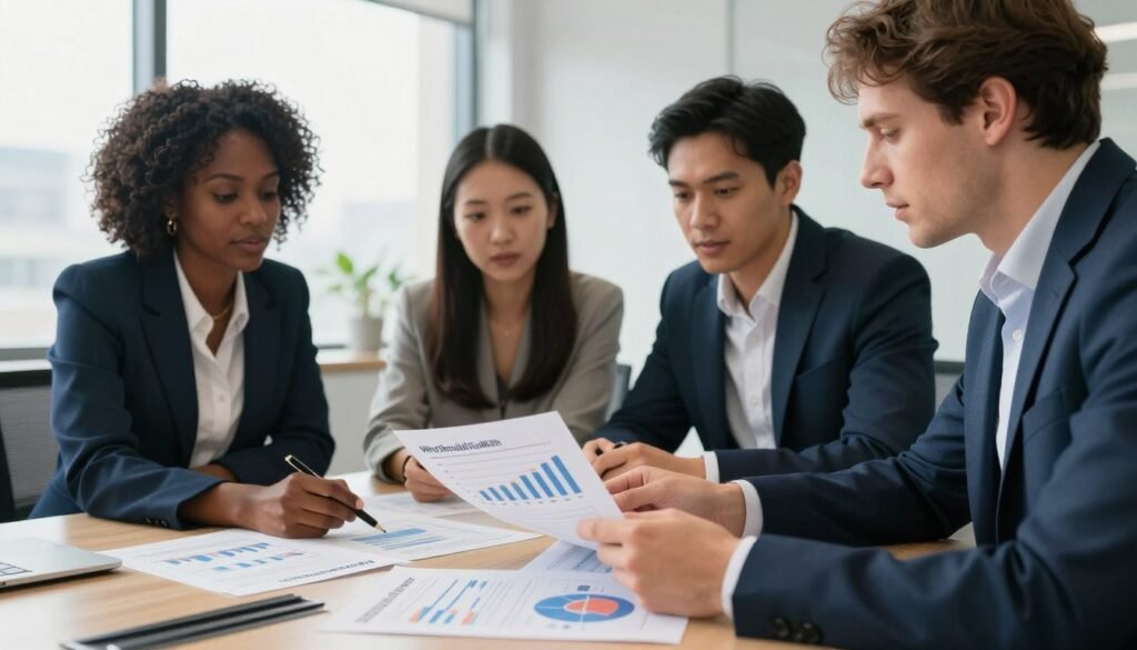 A professional office environment, focusing on a diverse group of four individuals—a Black woman, a Hispanic man, an Asian woman, and a Caucasian man—engaged in a collaborative discussion around a conference table. They are examining data charts and reports that symbolize market research. The foreground features a close-up of the documents with clear text related to market trends. In the background, a large window lets in soft natural light, creating an inviting atmosphere. The mood is focused and proactive, promoting a sense of teamwork and openness. The individuals wear smart business attire, showcasing professionalism and collaboration. The branding "WhoShouldIGoWith" is subtly incorporated into the conference materials on the table. A professional office environment, focusing on a diverse group of four individuals—a Black woman, a Hispanic man, an Asian woman, and a Caucasian man—engaged in a collaborative discussion around a conference table. They are examining data charts and reports that symbolize market research. The foreground features a close-up of the documents with clear text related to market trends. In the background, a large window lets in soft natural light, creating an inviting atmosphere. The mood is focused and proactive, promoting a sense of teamwork and openness. The individuals wear smart business attire, showcasing professionalism and collaboration. The branding "WhoShouldIGoWith" is subtly incorporated into the conference materials on the table.