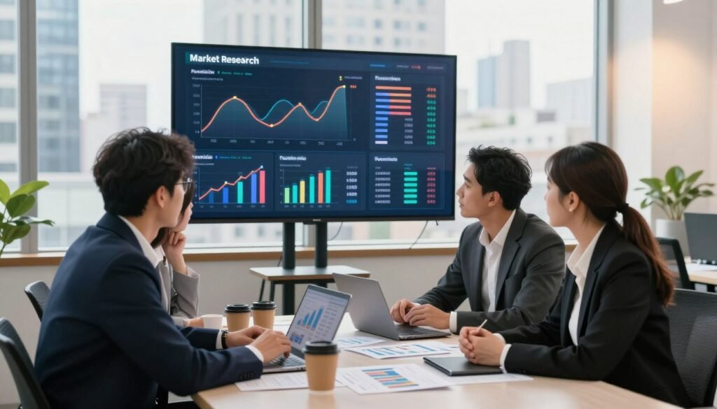 A professional office environment illustrating the concept of market research versus customer research. In the foreground, a diverse group of three business professionals, two men and one woman, are engaged in a discussion around a large table littered with charts, graphs, and coffee cups. They are dressed in smart business attire. In the middle ground, a wall-mounted digital screen displays dynamic market trends and consumer data visuals. The background features a large window showcasing a bustling cityscape, allowing natural light to flood the room and creating a bright, collaborative atmosphere. The scene conveys a sense of professionalism, focus, and teamwork, emphasizing the analytical nature of market research. Use soft, warm lighting to enhance the welcoming ambiance. The brand logo "WhoShouldIGoWith" subtly integrated into the digital screen visuals.