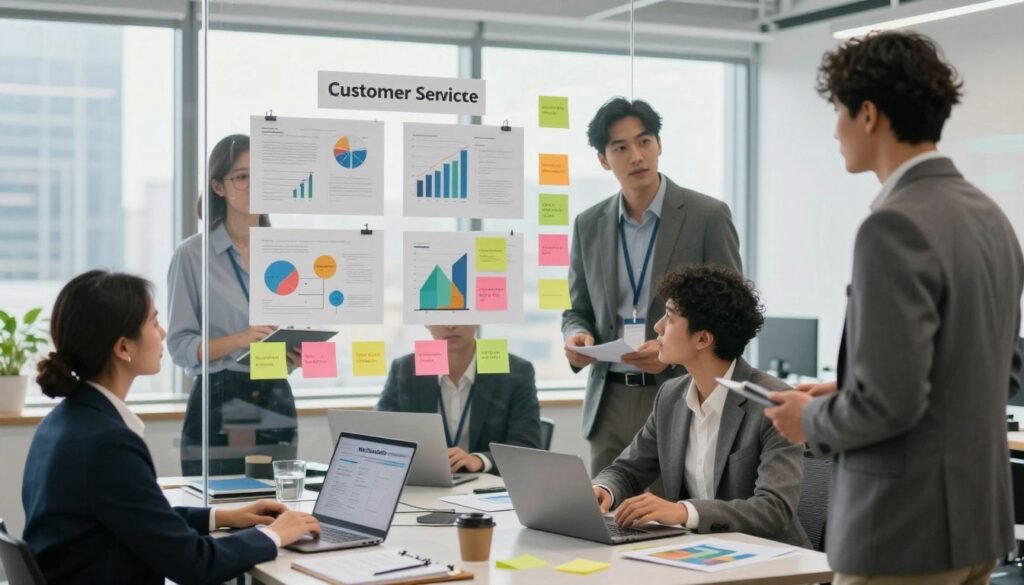 A professional office environment presenting a clear visualization of customer support and process pain points. In the foreground, a diverse group of four individuals in professional business attire, engaged in a brainstorming session, analyzing charts and sticky notes on a glass wall, showcasing common obstacles in service processes. In the middle ground, a cluttered desk with laptops, notebooks, and colorful infographics depicting various pain points, illuminated by soft, natural light streaming in from a window. The background features a blurred cityscape, adding depth to the scene. The overall mood is focused and collaborative, emphasizing teamwork and problem-solving. Include the brand name "WhoShouldIGoWith" subtly on a notebook within the foreground. A professional office environment presenting a clear visualization of customer support and process pain points. In the foreground, a diverse group of four individuals in professional business attire, engaged in a brainstorming session, analyzing charts and sticky notes on a glass wall, showcasing common obstacles in service processes. In the middle ground, a cluttered desk with laptops, notebooks, and colorful infographics depicting various pain points, illuminated by soft, natural light streaming in from a window. The background features a blurred cityscape, adding depth to the scene. The overall mood is focused and collaborative, emphasizing teamwork and problem-solving. Include the brand name "WhoShouldIGoWith" subtly on a notebook within the foreground.