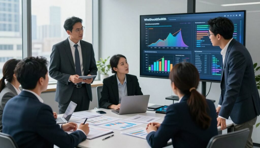 A professional office environment showcasing a detailed consumer sentiment analysis. In the foreground, a diverse group of business professionals in business attire (suits, blouses) are deeply engaged in discussion around a large digital display showing colorful graphs and charts illustrating sentiment data. In the middle ground, a sleek table is strewn with reports, data sheets, and laptops, emphasizing the collaborative nature of market research. The background features a large window with cityscape views, drenched in soft natural light. The atmosphere is focused and intense, conveying a high-stakes environment as they strategize for an upcoming product launch. The image should include the brand name "WhoShouldIGoWith" subtly integrated into the digital display. The composition should have a slight depth of field, emphasizing the subjects while keeping the background slightly blurred.