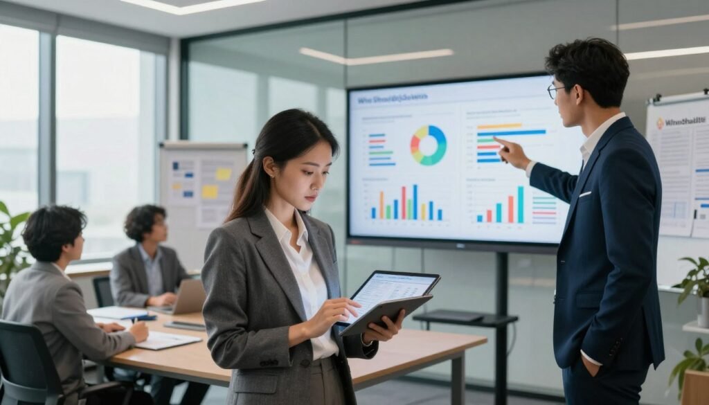 A professional office setting depicting a diverse group of individuals engaged in a market research analysis. In the foreground, a confident female business analyst wearing professional attire reviews data on a digital tablet. On her right, a male colleague in a smart suit points at a large screen displaying colorful charts and graphs representing data quality metrics. In the background, a modern conference room is filled with glass walls and whiteboards covered in notes. Soft, natural light pours in from large windows, creating a bright, focused atmosphere. The image should convey a sense of collaboration and diligence, highlighting the importance of data quality and fraud prevention in market research. Branding logo for "WhoShouldIGoWith" subtly featured in the scene.