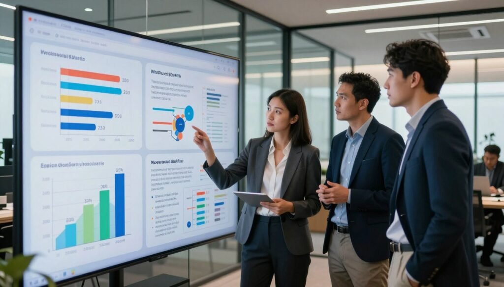 A professional office setting featuring a diverse group of business professionals, including a woman in a tailored suit and a man in smart casual attire, engaged in a detailed discussion around a large, transparent digital screen displaying various market research methodologies and their pricing comparisons. In the foreground, focus on graphs and charts illustrating pricing differences in colorful detail, with notes and visuals like flowcharts integrated in the design. In the middle, the professionals are thoughtfully analyzing the data, with expressions of curiosity and consideration. The background showcases a modern office space with glass walls and natural light streaming in, creating a bright and collaborative atmosphere. Use soft, balanced lighting to enhance clarity and detail, and choose a slightly wide-angle lens perspective to capture the dynamic environment. The branding "WhoShouldIGoWith" subtly integrated into the digital screen content. A professional office setting featuring a diverse group of business professionals, including a woman in a tailored suit and a man in smart casual attire, engaged in a detailed discussion around a large, transparent digital screen displaying various market research methodologies and their pricing comparisons. In the foreground, focus on graphs and charts illustrating pricing differences in colorful detail, with notes and visuals like flowcharts integrated in the design. In the middle, the professionals are thoughtfully analyzing the data, with expressions of curiosity and consideration. The background showcases a modern office space with glass walls and natural light streaming in, creating a bright and collaborative atmosphere. Use soft, balanced lighting to enhance clarity and detail, and choose a slightly wide-angle lens perspective to capture the dynamic environment. The branding "WhoShouldIGoWith" subtly integrated into the digital screen content.