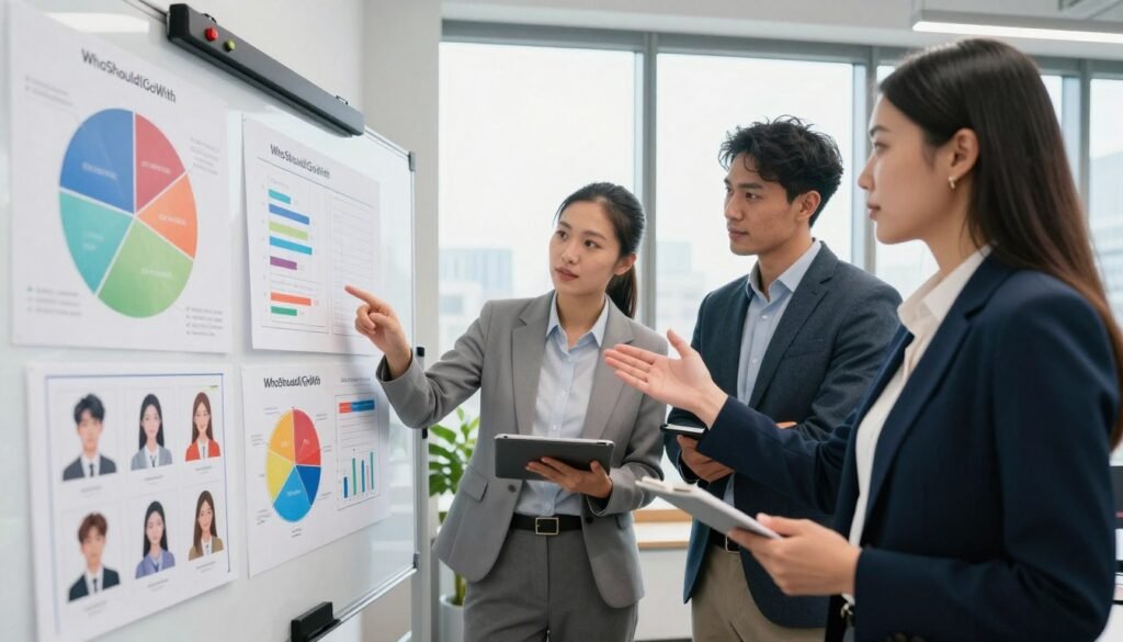 A professional office setting featuring diverse business professionals engaging in a customer segmentation strategy discussion. In the foreground, a woman in smart business attire gestures toward a large whiteboard filled with colorful charts, graphs, and customer personas, symbolizing analysis. In the middle ground, two men, also dressed in business attire, observe intently, one taking notes on a tablet while the other points at a pie chart illustrating segmentation categories. The background includes large windows allowing natural light to pour in, creating a bright and optimistic atmosphere. The overall mood is collaborative and focused, embodying the importance of a tailored marketing strategy. The brand name "WhoShouldIGoWith" appears subtly integrated into the design of the charts, reinforcing the theme of customer understanding.