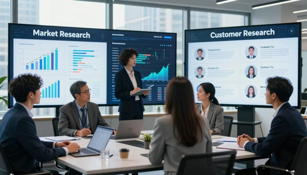 A professional office setting featuring two distinct areas juxtaposed to represent "Market Research" and "Customer Research." In the foreground, depict a diverse group of business professionals in business attire, engaged in a dynamic discussion, with one area showcasing charts and data analytics for market trends, and the other highlighting customer feedback and personas. In the middle ground, include a large digital screen displaying graphs and insights, further differentiating the two research types. The background should feature a large window with natural light pouring in, creating an inviting atmosphere, and a cityscape view. Use a focused angle to emphasize collaboration, invoking a mood of innovation and strategy. The branding "WhoShouldIGoWith" subtly integrated into the scene, without any text overlays.