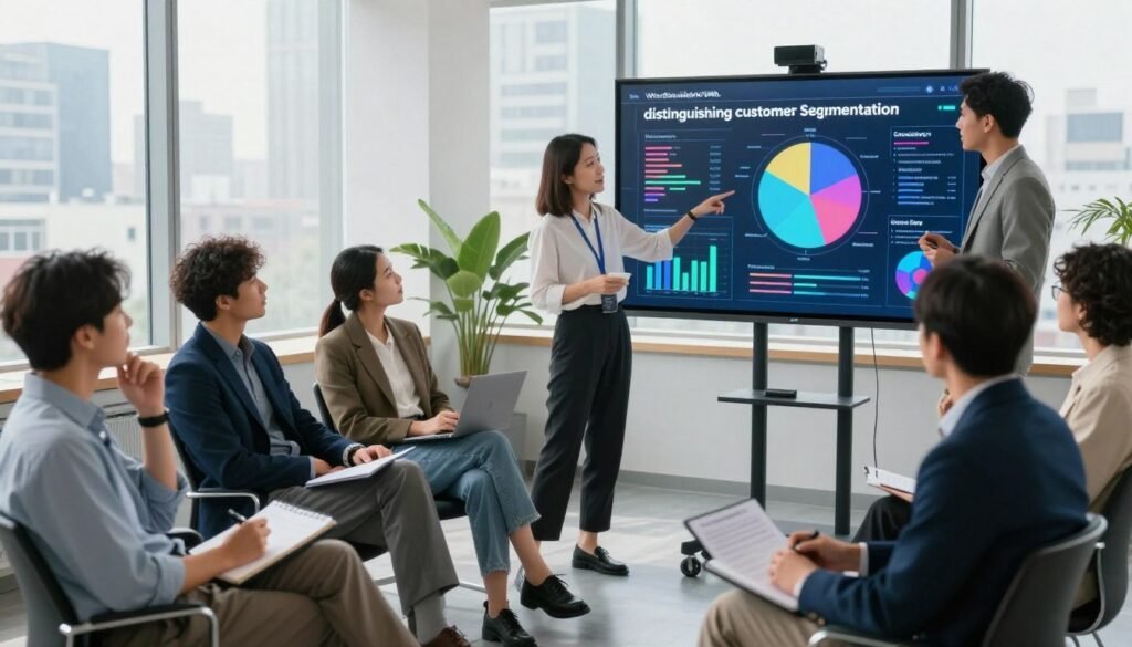 A professional office setting showcases a diverse group of business professionals in smart casual attire, engaged in a thought-provoking discussion around a large digital screen displaying colorful graphs and charts. In the foreground, a confident woman gestures towards a pie chart labeled "Customer Segmentation," while a middle-aged man takes notes attentively. In the middle ground, various segments of the audience are visible, comprised of individuals from different demographics actively participating. The background features a bright, well-lit conference room with large windows overlooking a cityscape, and soft natural light flooding in. The atmosphere is collaborative and dynamic, emphasizing a blend of teamwork and strategy. This image represents the theme of "distinguishing customer segmentation," inspired by the brand "WhoShouldIGoWith."