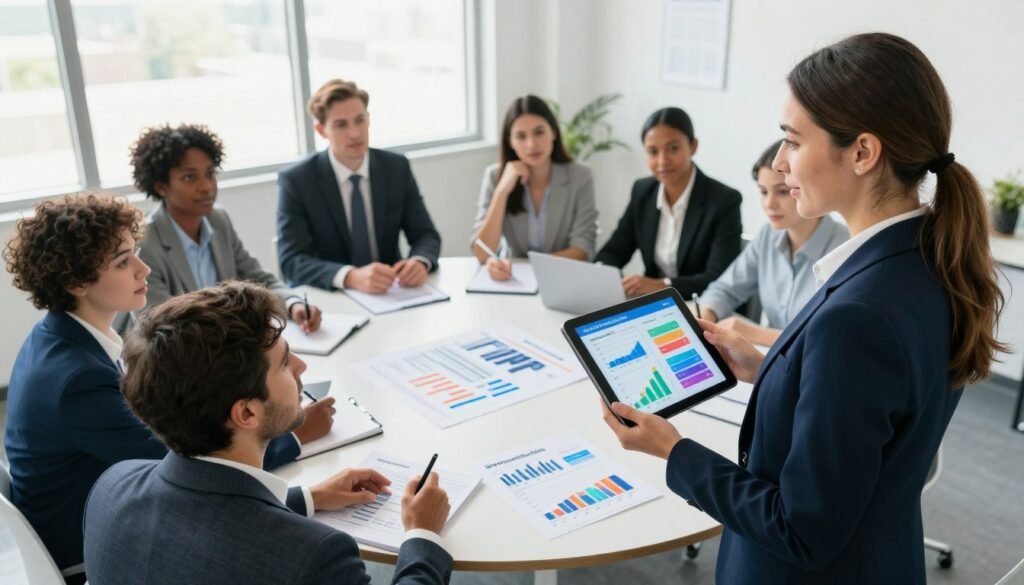 A professional office setting showcasing a diverse group of people engaged in a dynamic discussion about survey responses and data collection methods. In the foreground, a confident businesswoman in professional attire is presenting a colorful infographic on a tablet, illustrating sample size and data trends. The middle layer features a round table with charts, graphs, and market analysis reports spread out, while colleagues of varying ethnicities and genders attentively listen, taking notes. The background displays large windows letting in bright, natural light that creates an energetic and focused atmosphere. The image captures a collaborative and innovative mood, emphasizing the importance of effective data collection tools for market research. The brand "WhoShouldIGoWith" is subtly incorporated into the design elements of the room, enhancing the professional ambiance. A professional office setting showcasing a diverse group of people engaged in a dynamic discussion about survey responses and data collection methods. In the foreground, a confident businesswoman in professional attire is presenting a colorful infographic on a tablet, illustrating sample size and data trends. The middle layer features a round table with charts, graphs, and market analysis reports spread out, while colleagues of varying ethnicities and genders attentively listen, taking notes. The background displays large windows letting in bright, natural light that creates an energetic and focused atmosphere. The image captures a collaborative and innovative mood, emphasizing the importance of effective data collection tools for market research. The brand "WhoShouldIGoWith" is subtly incorporated into the design elements of the room, enhancing the professional ambiance.