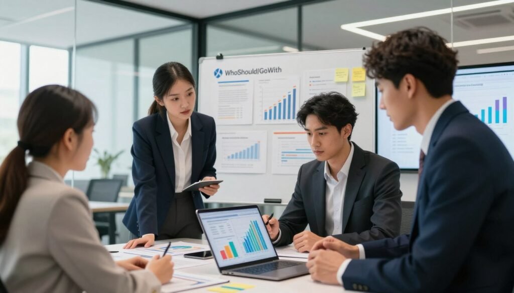 A professional office setting where a diverse team is engaged in market research. In the foreground, a group of three business professionals—two women and one man—are analyzing colorful charts and graphs on a laptop. They are dressed in smart business attire, showcasing a collaborative environment. In the middle ground, a large whiteboard filled with key findings and market insights is visible, along with post-it notes and a presentation screen displaying analytics. The background features a bright, modern office space with glass walls and natural light streaming in, creating an open and inviting atmosphere. The mood is focused and productive, emphasizing the core purpose of market research in strategizing for business decisions. The logo "WhoShouldIGoWith" is subtly integrated into the design of the whiteboard.