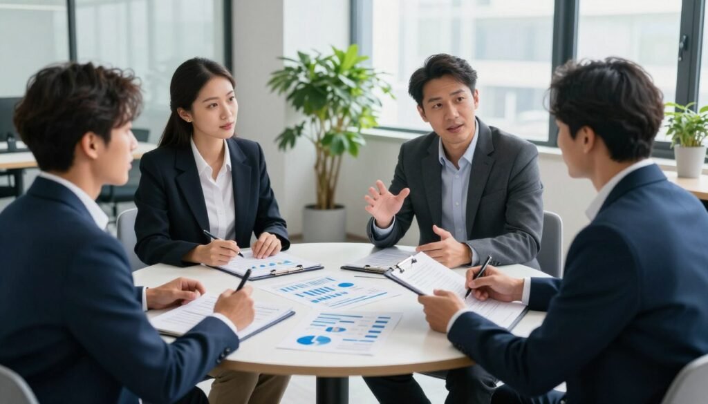 A professional setting capturing the essence of mastering interviews and surveys. In the foreground, a diverse group of three professionals—two men and one woman—are engaged in a dynamic discussion, all dressed in smart business attire. The woman holds a clipboard, taking notes, while one man gestures while speaking, showcasing a collaborative atmosphere. In the middle ground, a round table filled with papers, data charts, and survey forms emphasizes the focus on analysis. The background features a modern office space with large windows, natural light streaming in, and potted plants for a fresh touch. The mood is focused and inspiring, reflecting teamwork and the pursuit of knowledge. Incorporate the brand name "WhoShouldIGoWith" subtly within the setting, maintaining the professionalism of the scene.