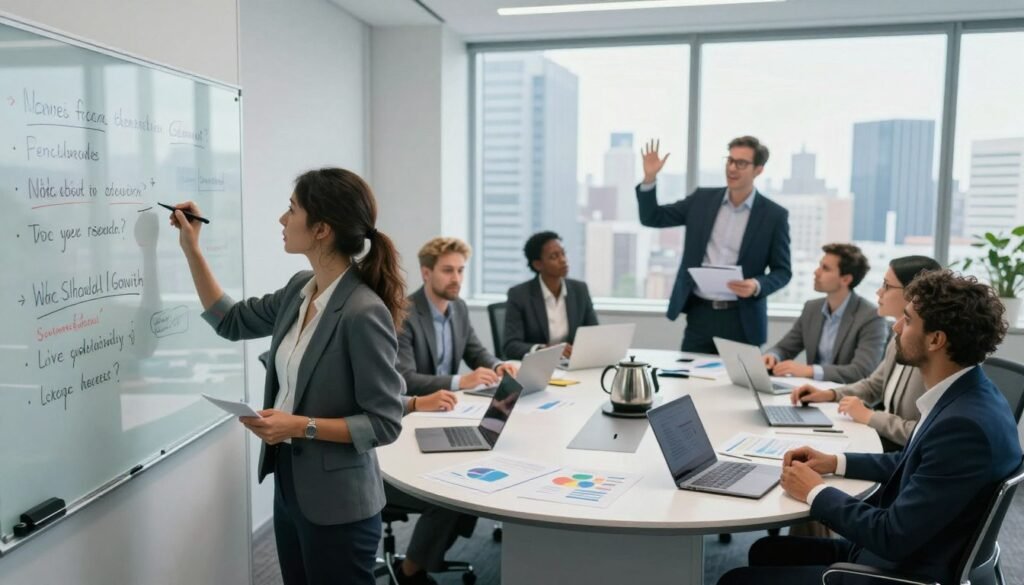 A professional setting depicting a diverse group of business professionals in a sleek conference room, engaged in a lively brainstorming session. In the foreground, a woman in business attire is writing on a glass whiteboard filled with effective research questions, while a man nearby gestures enthusiastically with a notepad. The middle ground features a large round table with laptops, charts, and a coffee pot, symbolizing collaboration and idea exchange. In the background, large windows reveal a city skyline under bright natural lighting, creating an inspiring atmosphere. The image should reflect a mood of focus, innovation, and teamwork, with a clean, modern aesthetic. Subtly include the brand name "WhoShouldIGoWith" in a design element on the whiteboard.