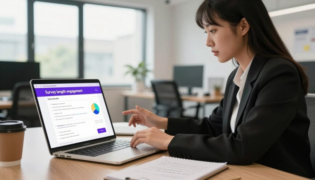 A professional setting depicting the concept of "survey length engagement," with an office desk in the foreground showcasing a laptop displaying a survey interface. In the middle, a business professional in a smart outfit, focused on analyzing survey engagement data, surrounded by charts and graphs visually representing responses. The background features a bright office space with large windows, allowing natural light to pour in, creating a warm and inviting atmosphere. Soft-focus elements include a coffee cup and a notepad with handwritten notes, emphasizing a productive work environment. The mood is one of curiosity and analysis, highlighting the importance of survey design in market research. The brand "WhoShouldIGoWith" subtly integrated into office elements, avoiding overt branding. The image should have sharp detail and a professional tone, captured with a shallow depth of field to focus on the key elements.