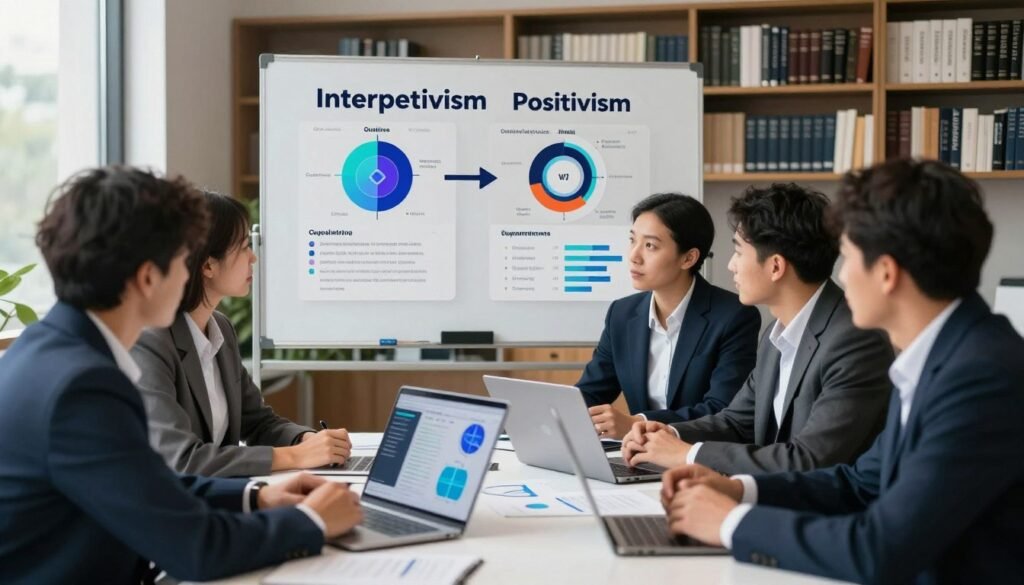 A professional setting depicting the influence of research paradigms on methodology in market research. In the foreground, a diverse group of business professionals in formal attire are engaged in a discussion around a table, analyzing data visualizations and charts representing qualitative and quantitative research methods. In the middle ground, a large whiteboard displays key concepts of research paradigms, such as “Interpretivism” and “Positivism”, illustrated with abstract icons. The background features bookshelves filled with market research literature and a window letting in soft, natural light to create a calm atmosphere. A slight blur effect is added to the background for depth. The mood is collaborative and insightful, conveying the importance of choosing the right methodology. The branding "WhoShouldIGoWith" subtly integrated within the visual elements, ensuring a cohesive and professional look. A professional setting depicting the influence of research paradigms on methodology in market research. In the foreground, a diverse group of business professionals in formal attire are engaged in a discussion around a table, analyzing data visualizations and charts representing qualitative and quantitative research methods. In the middle ground, a large whiteboard displays key concepts of research paradigms, such as “Interpretivism” and “Positivism”, illustrated with abstract icons. The background features bookshelves filled with market research literature and a window letting in soft, natural light to create a calm atmosphere. A slight blur effect is added to the background for depth. The mood is collaborative and insightful, conveying the importance of choosing the right methodology. The branding "WhoShouldIGoWith" subtly integrated within the visual elements, ensuring a cohesive and professional look.