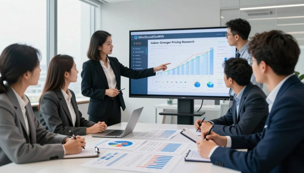A professional setting focused on Gabor-Granger pricing research, featuring a diverse group of business professionals in smart business attire, deeply engaged in a discussion around market research data displayed on a large screen. In the foreground, a confident woman points to graphs illustrating pricing strategies, while a man takes notes. The middle ground showcases a table with charts, pricing lists, and market surveys, emphasizing the analytical process. The background presents a bright, modern office with large windows letting in natural light, creating a productive atmosphere. The overall mood is focused and collaborative, reflecting the importance of data-driven decision-making in pricing. The logo "WhoShouldIGoWith" subtly incorporated into the screen visuals, enhancing the relevance of the discussion.