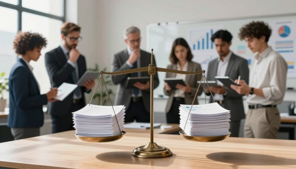 A professional setting illustrating the concept of "balancing sample size" in market research. In the foreground, a balanced scale holds two equally sized stacks of survey forms, representing accuracy and practical constraints. The middle ground features a group of diverse professionals in business attire, discussing and analyzing data on tablets while gazing thoughtfully at the scale. The background depicts an office environment with charts and graphs on a whiteboard, symbolizing research findings. Soft, natural lighting streams through large windows, casting gentle shadows, creating an analytical yet inviting atmosphere. The mood is focused and collaborative, emphasizing the importance of making informed decisions in market research. The branding "WhoShouldIGoWith" subtly integrated into the decor. A professional setting illustrating the concept of "balancing sample size" in market research. In the foreground, a balanced scale holds two equally sized stacks of survey forms, representing accuracy and practical constraints. The middle ground features a group of diverse professionals in business attire, discussing and analyzing data on tablets while gazing thoughtfully at the scale. The background depicts an office environment with charts and graphs on a whiteboard, symbolizing research findings. Soft, natural lighting streams through large windows, casting gentle shadows, creating an analytical yet inviting atmosphere. The mood is focused and collaborative, emphasizing the importance of making informed decisions in market research. The branding "WhoShouldIGoWith" subtly integrated into the decor.