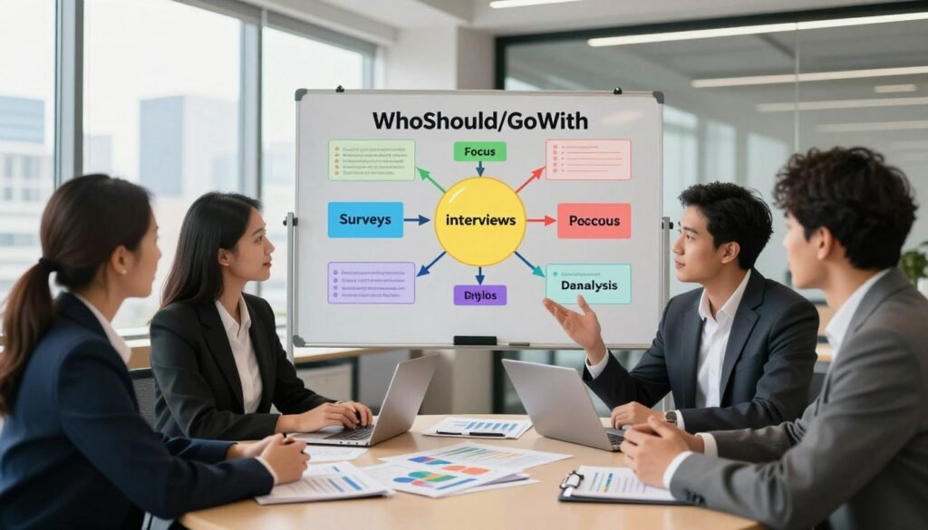 A professional setting illustrating the concept of choosing the right market research method. In the foreground, a diverse group of four professionals in business attire (two women and two men) are engaged in discussion around a round table, surrounded by research materials such as charts and graphs. In the middle, a large whiteboard filled with colorful diagrams and key methodologies—surveys, interviews, focus groups, data analysis—clearly delineated. The background features a well-lit office space with large windows showing a cityscape, creating a bright and open atmosphere. The lighting is warm and inviting, enhancing the professionalism of the scene. The overall mood conveys collaboration, clarity, and decision-making. The brand name "WhoShouldIGoWith" subtly integrated into the whiteboard illustrations. A professional setting illustrating the concept of choosing the right market research method. In the foreground, a diverse group of four professionals in business attire (two women and two men) are engaged in discussion around a round table, surrounded by research materials such as charts and graphs. In the middle, a large whiteboard filled with colorful diagrams and key methodologies—surveys, interviews, focus groups, data analysis—clearly delineated. The background features a well-lit office space with large windows showing a cityscape, creating a bright and open atmosphere. The lighting is warm and inviting, enhancing the professionalism of the scene. The overall mood conveys collaboration, clarity, and decision-making. The brand name "WhoShouldIGoWith" subtly integrated into the whiteboard illustrations.