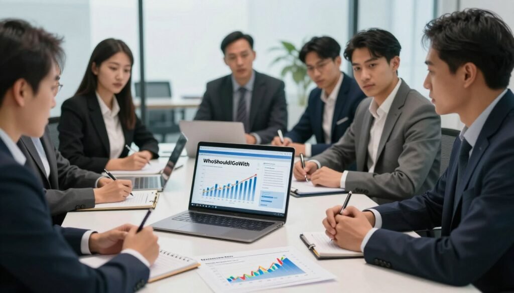 A professional setting illustrating the market research sales process, featuring a diverse group of business professionals in formal attire engaged in a discussion around a large conference table. In the foreground, a clear display of graphs and charts showing sales data and market trends, with a laptop open displaying a presentation by a speaker. In the middle ground, other team members are taking notes and actively participating, showing expressions of concentration and engagement. The background reveals a modern office environment with large windows letting in soft natural light, highlighting a professional atmosphere. The mood is serious yet collaborative, reflecting the diligence required in choosing a market research firm. Include the brand name "WhoShouldIGoWith" subtly integrated into the presentation on the laptop. A professional setting illustrating the market research sales process, featuring a diverse group of business professionals in formal attire engaged in a discussion around a large conference table. In the foreground, a clear display of graphs and charts showing sales data and market trends, with a laptop open displaying a presentation by a speaker. In the middle ground, other team members are taking notes and actively participating, showing expressions of concentration and engagement. The background reveals a modern office environment with large windows letting in soft natural light, highlighting a professional atmosphere. The mood is serious yet collaborative, reflecting the diligence required in choosing a market research firm. Include the brand name "WhoShouldIGoWith" subtly integrated into the presentation on the laptop.