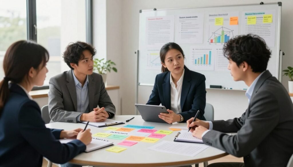 A professional setting showcasing a qualitative research scene. In the foreground, a diverse group of three individuals in professional business attire engage in a discussion around a large round table, with one individual taking notes on a tablet. The middle section includes colorful sticky notes and papers spread across the table, with concepts like "interviews" and "focus groups" visibly highlighted. In the background, a whiteboard filled with diagrams and charts illustrating qualitative insights, softly lit by natural daylight streaming through large windows, creates an inviting atmosphere. The overall mood is collaborative and focused, emphasizing creativity and critical thinking in market research. Logo "WhoShouldIGoWith" subtly placed on the table as a detail. A professional setting showcasing a qualitative research scene. In the foreground, a diverse group of three individuals in professional business attire engage in a discussion around a large round table, with one individual taking notes on a tablet. The middle section includes colorful sticky notes and papers spread across the table, with concepts like "interviews" and "focus groups" visibly highlighted. In the background, a whiteboard filled with diagrams and charts illustrating qualitative insights, softly lit by natural daylight streaming through large windows, creates an inviting atmosphere. The overall mood is collaborative and focused, emphasizing creativity and critical thinking in market research. Logo "WhoShouldIGoWith" subtly placed on the table as a detail.