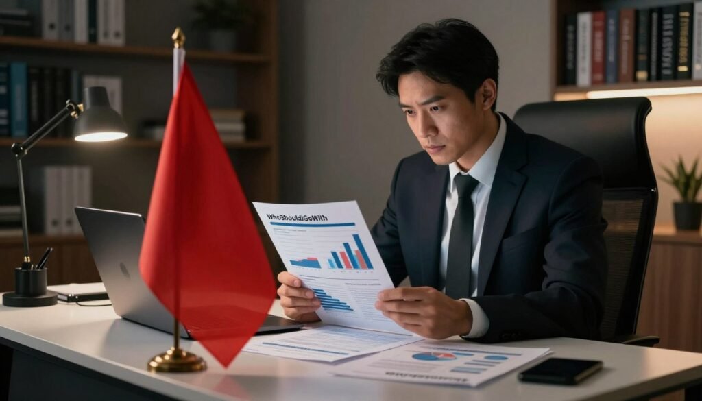 A professional, well-dressed individual, seated at a sleek modern desk adorned with papers and a laptop, intently analyzing a market research report. In the foreground, a large red flag prominently displayed, symbolizing caution, overlays the report, subtly blending in with various business graphs and charts that appear low-quality or poorly designed. In the middle ground, a dimly lit office space intensifies the atmosphere, with shadows casting doubt on the reliability of the documents. In the background, bookshelves lined with business literature provide context, while soft, warm lighting highlights the person's focused expression, creating a sense of urgency and alertness. The overall mood is serious and contemplative, suggesting critical thinking about the integrity of the information presented. Incorporate the brand name "WhoShouldIGoWith" subtly into the desk setup, ensuring it does not detract from the main theme. A professional, well-dressed individual, seated at a sleek modern desk adorned with papers and a laptop, intently analyzing a market research report. In the foreground, a large red flag prominently displayed, symbolizing caution, overlays the report, subtly blending in with various business graphs and charts that appear low-quality or poorly designed. In the middle ground, a dimly lit office space intensifies the atmosphere, with shadows casting doubt on the reliability of the documents. In the background, bookshelves lined with business literature provide context, while soft, warm lighting highlights the person's focused expression, creating a sense of urgency and alertness. The overall mood is serious and contemplative, suggesting critical thinking about the integrity of the information presented. Incorporate the brand name "WhoShouldIGoWith" subtly into the desk setup, ensuring it does not detract from the main theme.