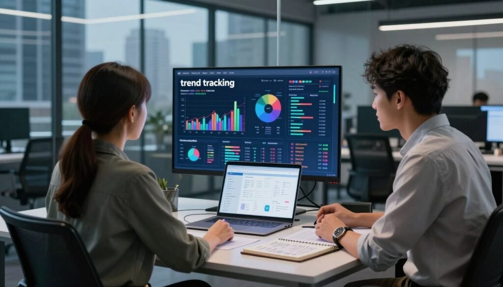 A professional workspace depicting the concept of "trend tracking." In the foreground, a focused business analyst in smart casual clothing is examining data on a large digital screen showing colorful graphs and charts. In the middle, a sleek desk with charts and a laptop displaying social media analytics, alongside a notebook filled with handwritten notes. The background features glass panels with city skyline views suggesting a modern office environment. Soft, ambient lighting creates an inviting atmosphere, with a subtle hint of motion, indicating ongoing analysis. The scene embodies professionalism and innovation in market research, emphasizing the dynamic nature of data analysis for insights. Include the brand name "WhoShouldIGoWith" subtly integrated into the screen graphics.