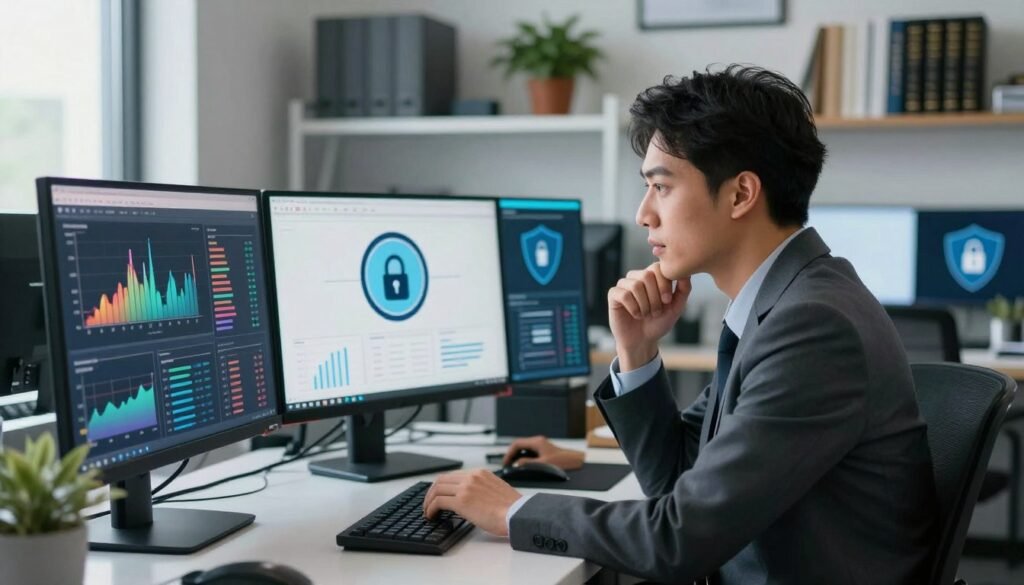 A professional workspace emphasizing data quality and security compliance. In the foreground, a large computer monitor displays colorful graphs and charts, showcasing data analytics, while a focused business professional in smart attire reviews the information with a thoughtful expression. The middle ground features multiple screens showing lock symbols and data protection icons, emphasizing security measures. In the background, a well-organized office with shelves of research books and a potted plant conveys an atmosphere of professionalism and diligence. Soft, natural lighting filters through a window, highlighting the workspace's focus on creating a sense of trust and reliability. The logo "WhoShouldIGoWith" subtly appears on the monitor. The overall mood is serious yet positive, reflecting dedication to maintaining high data standards.